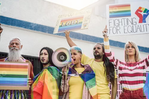 Preview: Gay and transgender people protest at lgbt pride event outdoor - Focus on faces behind