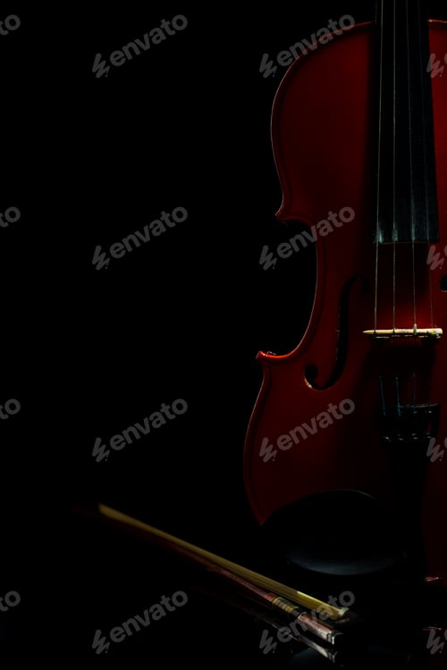 Preview: Violin with notes and bow on a black background