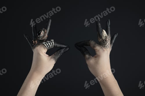 Preview: Cropped view of black painted hands of witch with jewelry rings isolated on black