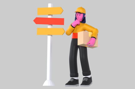 Preview: Woman with package standing next to signpost