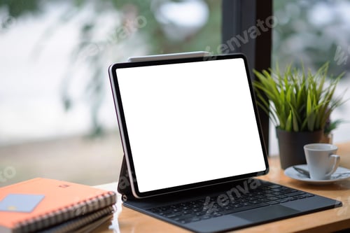 Preview: Nice table to put with a digital tablet at coffee shop. Mock up. Blank white screen.