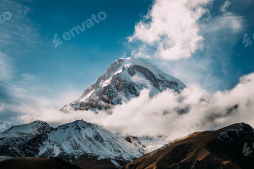 Preview: Georgia. Peak Of Mount Kazbek Covered With Snow. Kazbek Is A Str