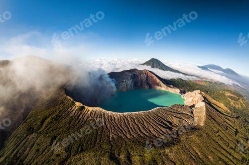 Preview: Aerial panorama drone view of mount Kawah Ijen volcano crater at sunrise, East Java, Indonesia