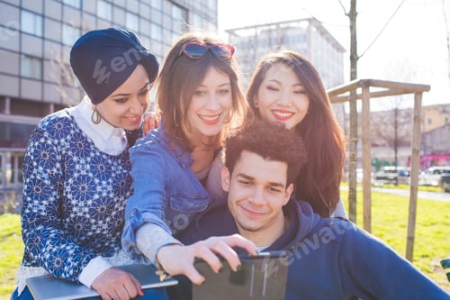 Preview: Multiracial group young people taking selfie