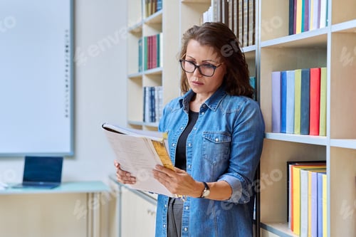 Preview: Portrait serious mature woman teacher, educational specialist reading textbook in classroom