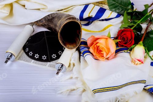 Preview: Judaism religious services in a synagogue. Torah scrolls and a shofar musical horn,