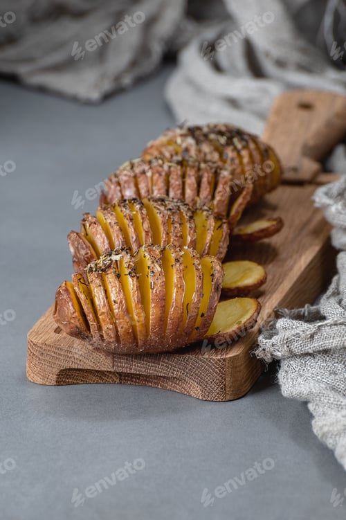 Preview: Whole baked potatoes with thyme in a glass container on a gray s