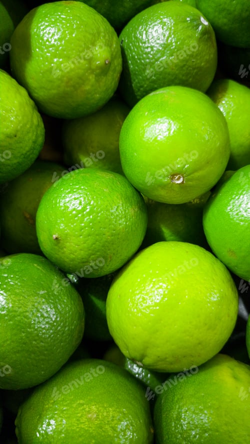 Preview: Closeup photo of green limes with GMO lying on counter at store. Closeup texture or pattern of fresh