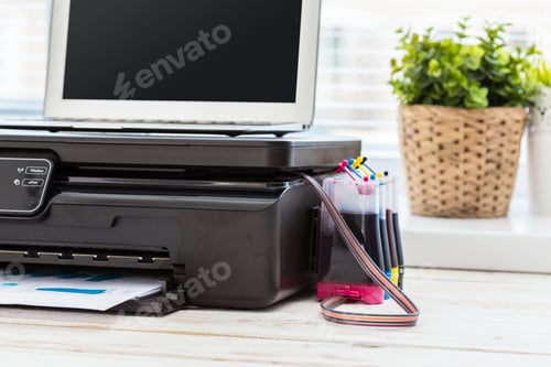 Preview: Printer and computer. Office table