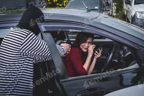 Preview: Robber pointing a gun to scare young woman and try to rob her car.