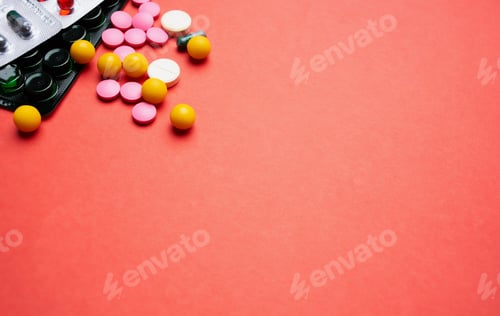 Preview: multicolored pills on red background medicine health