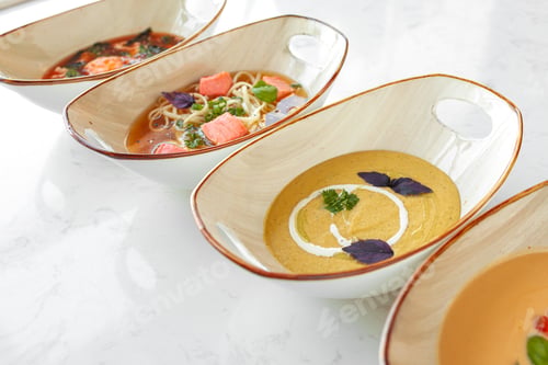 Preview: Tom Yam, Miso soup and cream soups on gray table