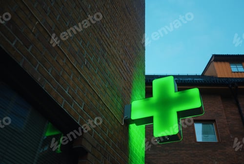 Preview: green neon cross, pharmacy/hospital sign on a building, evening blue light