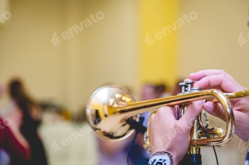 Preview: Selective focus shot of a musician playing the trumpet while people are dancing to the music