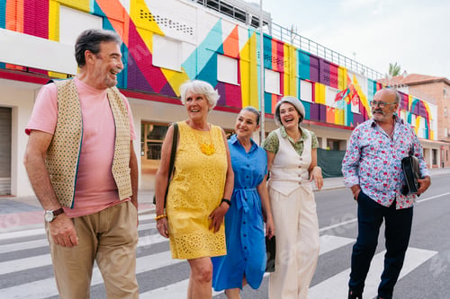 Preview: Group of senior friends meeting outddors in the city and having fun
