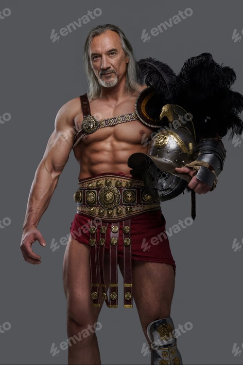 Preview: Aged but still mighty muscular gladiator with long grey hair and beard