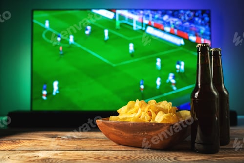 Preview: Beer and snacks set on football match tv background