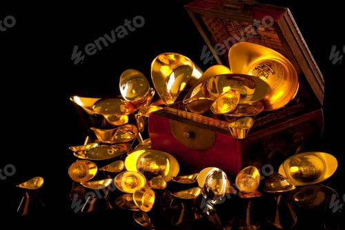 Preview: Precious Chinese traditional currency gold yuanbao ingots and box