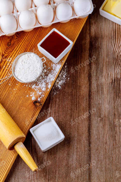 Preview: Ingredients for baking cookies flour, eggs and sugar.