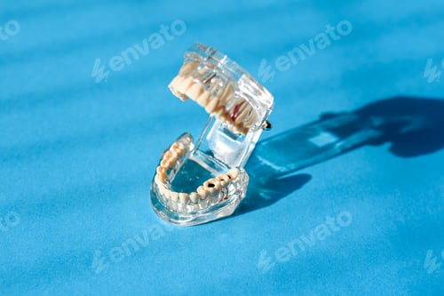 Preview: Artificial jaw model with denture, used by dentists, isolated on blue background.