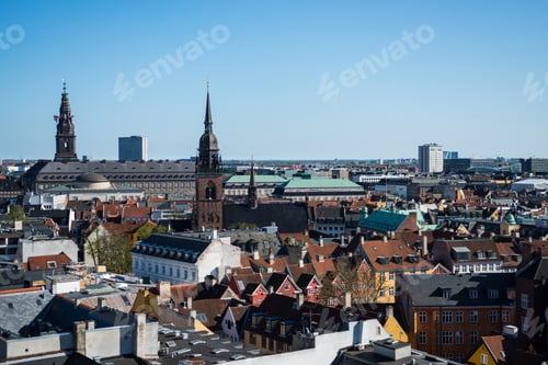 Preview: cityscape of Copenhagen with spire of City Hall, Denmark