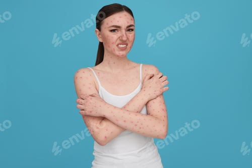 Preview: Woman with rash suffering from monkeypox virus on light blue background