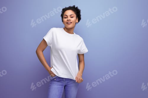 Preview: young pretty hispanic business music lover woman in white t-shirt for identity and branding