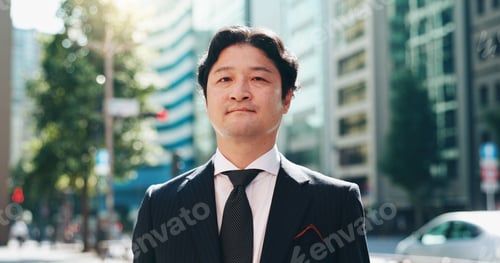 Preview: Man, portrait and travel in city for business, morning commute or career pride in Tokyo. Mature pro