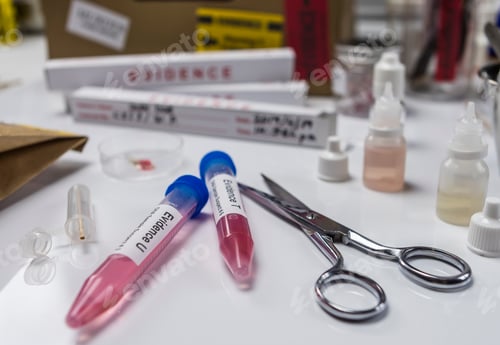 Preview: Hematological analysis with forensic test kit in a murder in a crime lab, conceptual image