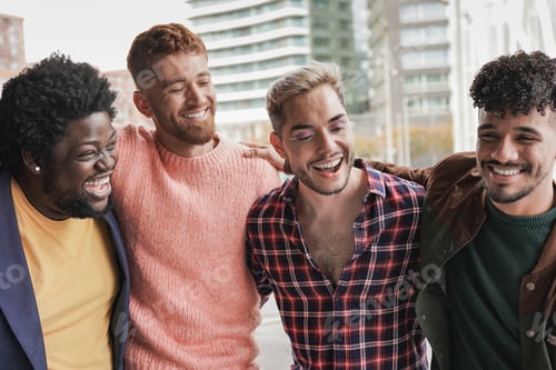 Preview: Multiracial boys having fun in the city - Diverse young men and friendship concept