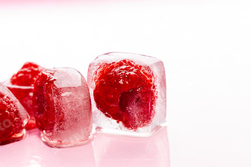 Preview: Raspberry ice cubes on pink glossy background