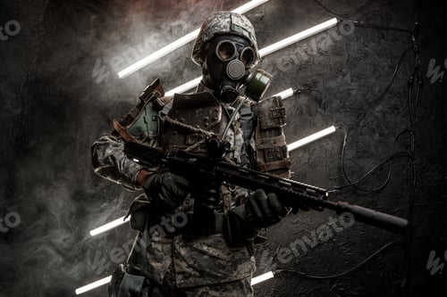 Preview: Military man with gas mask against background with neon