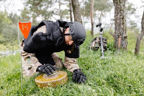 Preview: A man in a military uniform and a bulletproof vest works in the forest to demine the territory.