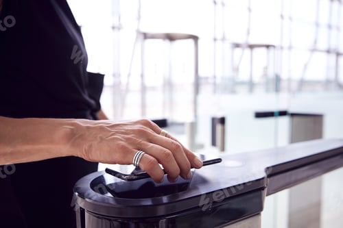 Preview: Close Up Of Passenger In Airport Departure Lounge Scanning Digital Boarding Pass On Smart Phone