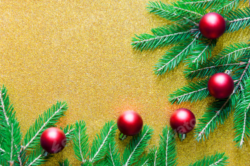 Preview: Golden background. Card banner with Christmas tree branches and red toys balls. Happy new year frame