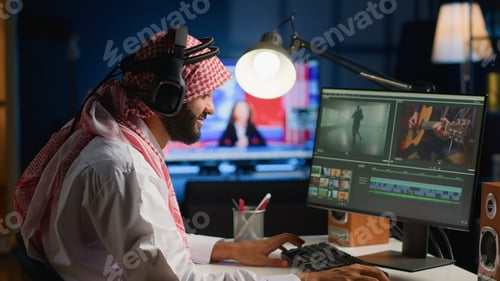 Preview: Man wearing headphones while editing