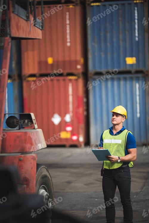 Preview: Quality control Inspector checking on container site, logistic store for import and export