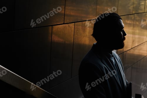 Preview: Silhouette of Person Standing in Dimly Lit Corridor