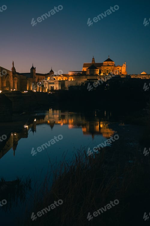 Preview: General view of the cathedral-mosque of Cordoba and the Roman bridge at night