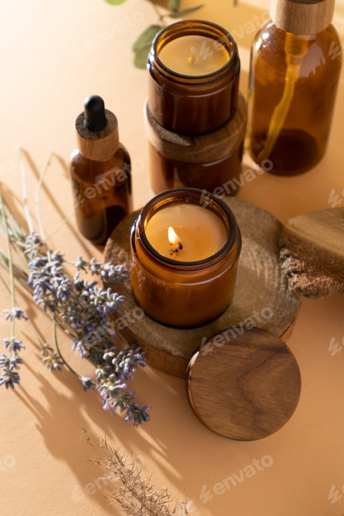 Preview: Soy candles in a glass jar. Aromatherapy. Burning candle and lavender.