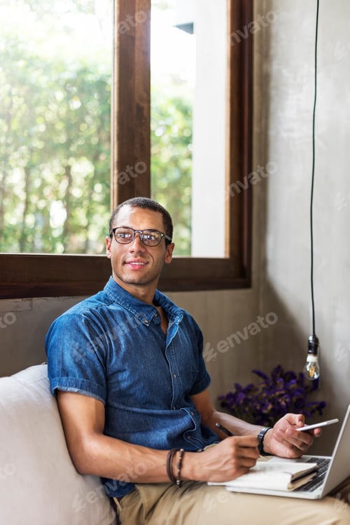 Man Working Coffee Shop Connecting Laptop Concept