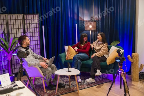 Preview: Content creators recording podcast in professional studio