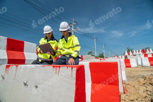 Preview: Two engineers sit amidst red-and white barricades at a construction site.