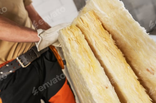 Preview: Construction Worker Moving Pieces of Mineral Wool For a House Insulation