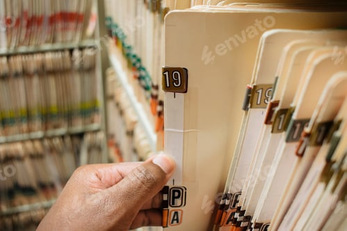 Preview: African American man pulling medical chart from pile of charts