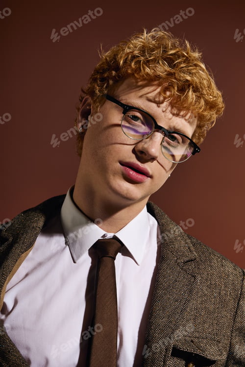 Preview: Charming young man showcasing trendy style against a warm backdrop in an urban setting