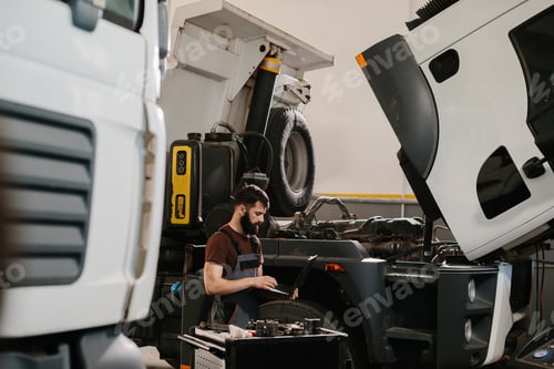 Mechanic using laptop while repairing truck engine in garage