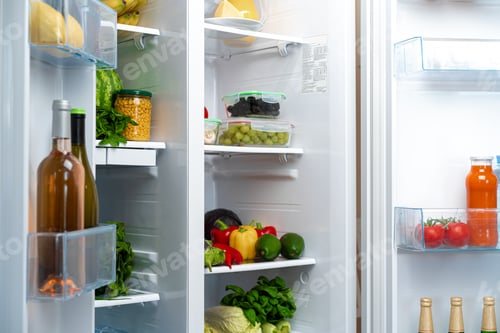 Preview: Open fridge full of fruits, vegetables and drinks