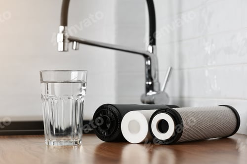 Preview: A glass of clean fresh water and set of filter cartridges on wooden table in a kitchen interior.