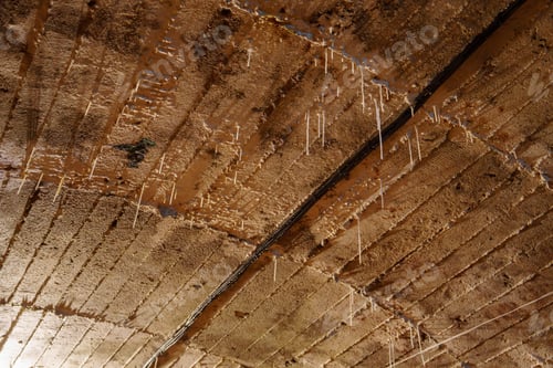 Preview: Stalactite mineral formations hang from the ceiling of an old abandoned mine shaft.